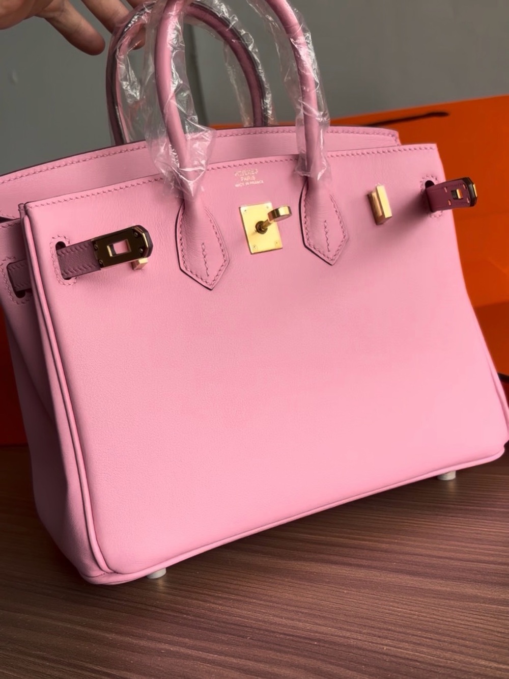 Hermès-style Pink Leather Top-Handle Bag with Gold Hardware NEW